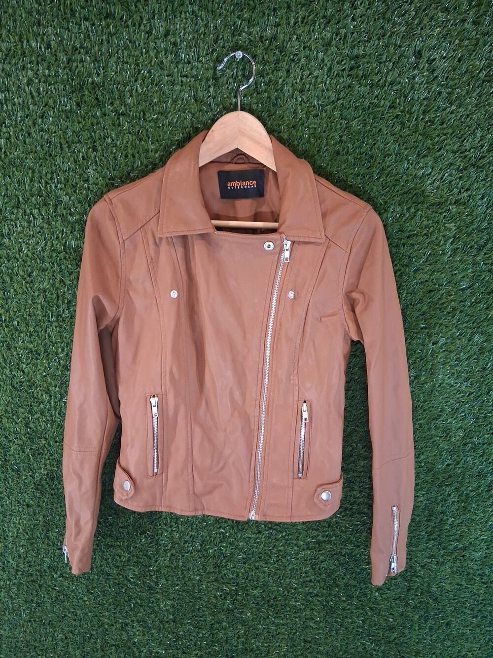 Ambiance Outerwear Faux Leather Moto Jacket Women's Medium Brown Biker Coat